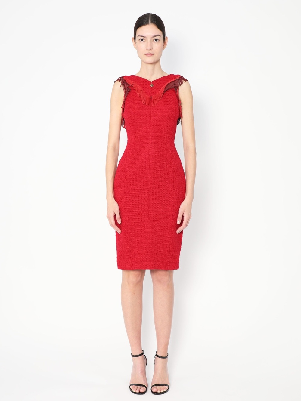 NWT - Chanel Paris-Dallas Red Tweed Fringe Sheath Mini Dress 2014, Size S